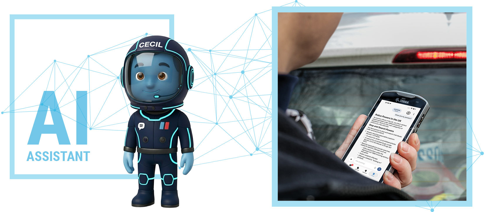 3d representation of AI assistant with officer on mobile phone